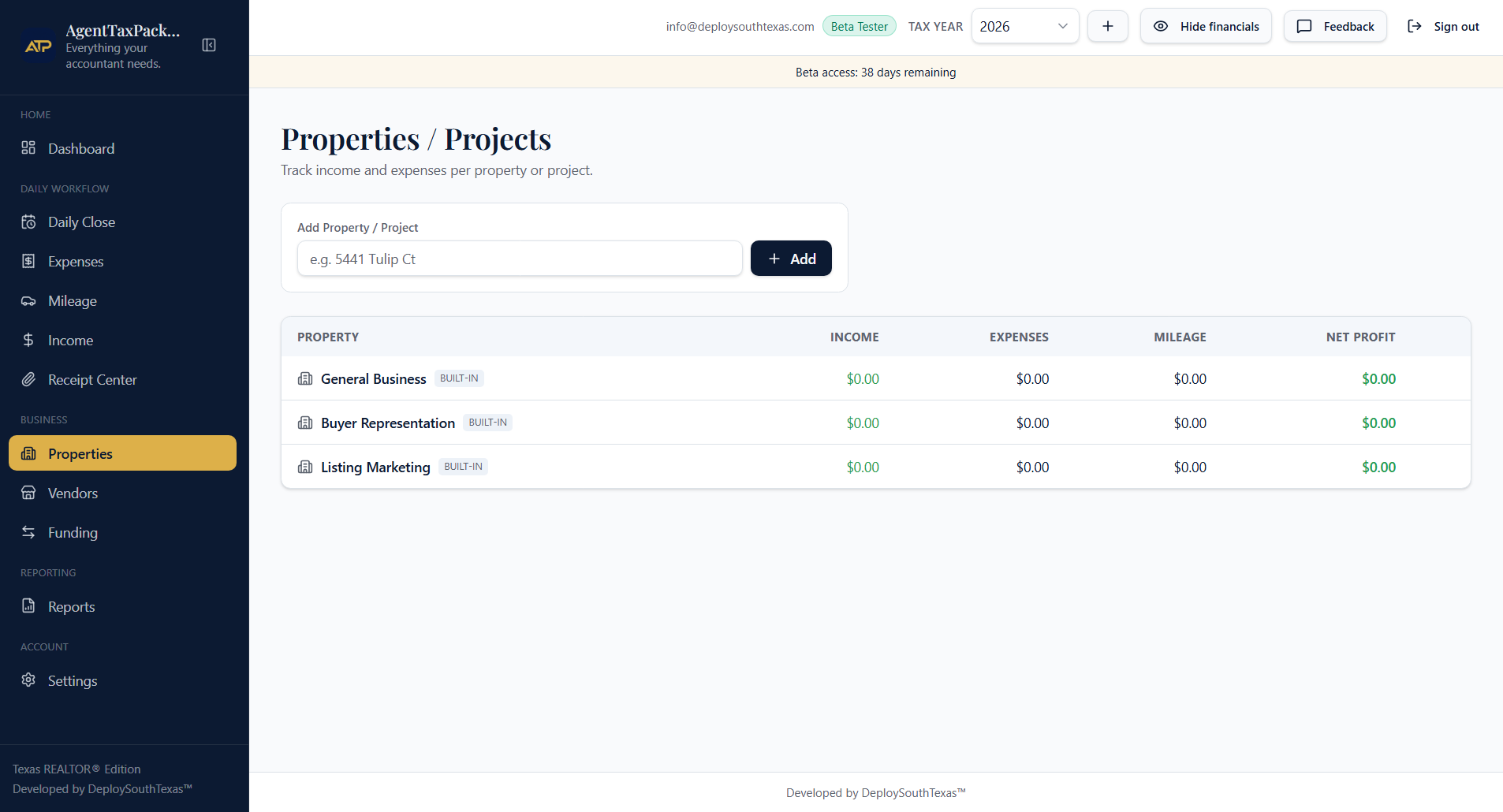 AgentTaxPackage property record with related business activity