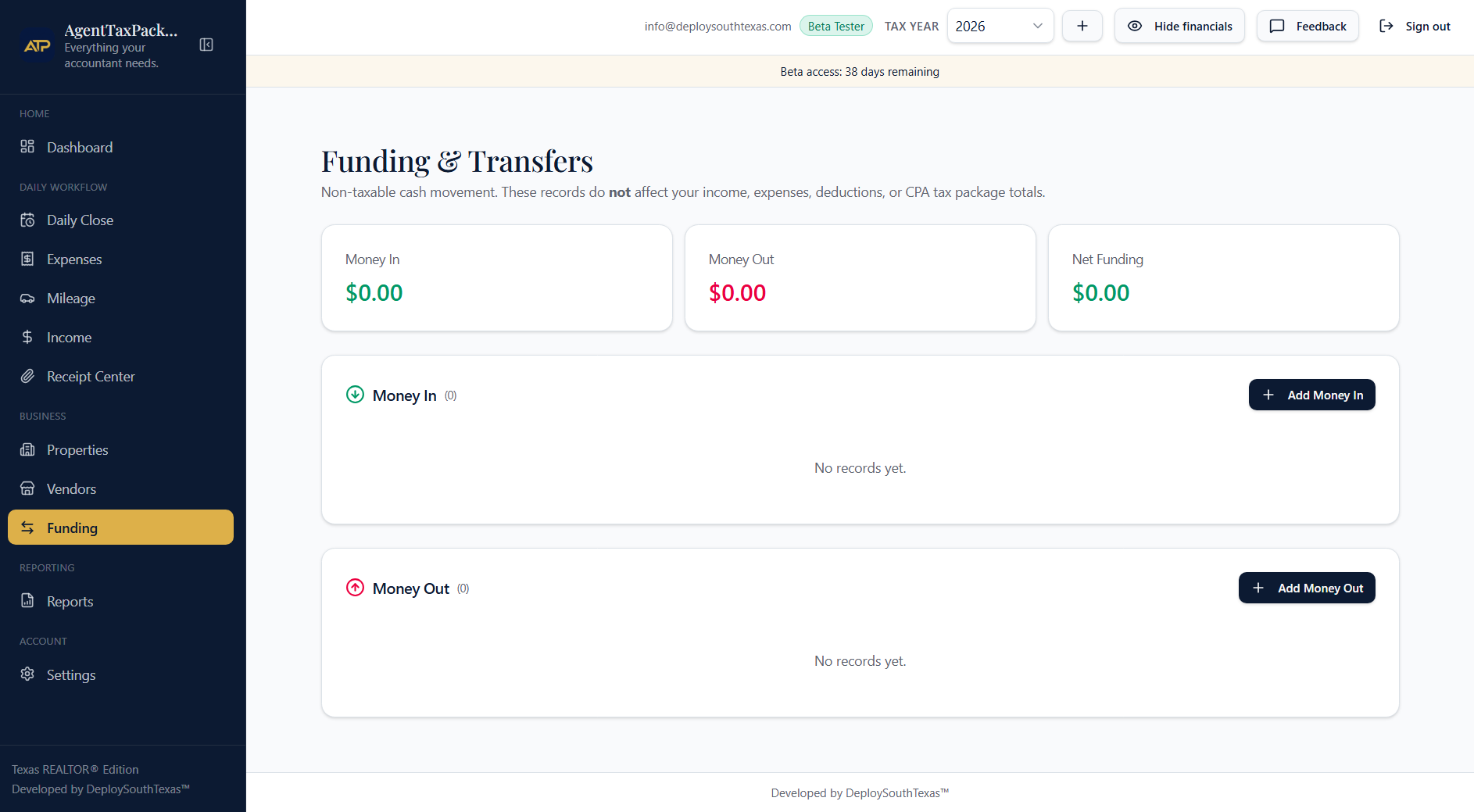 The Funding & Transfers screen showing Money In, Money Out and Net Funding