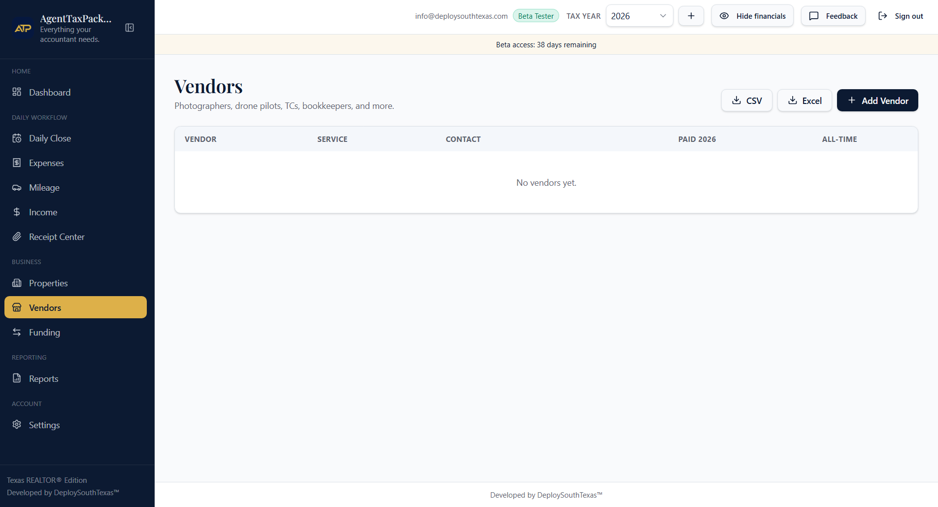 The Vendors screen showing the empty vendor table