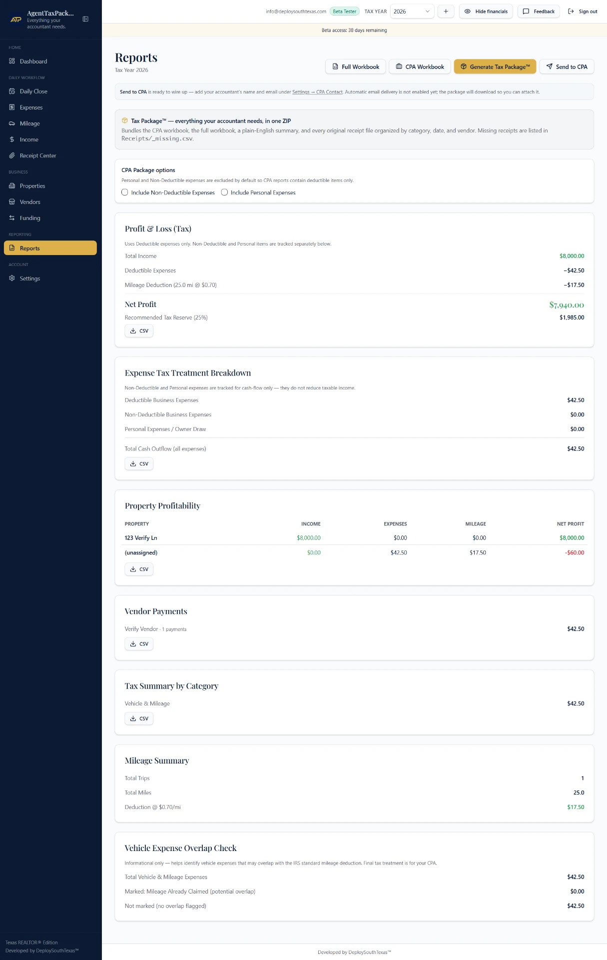 AgentTaxPackage reports interface