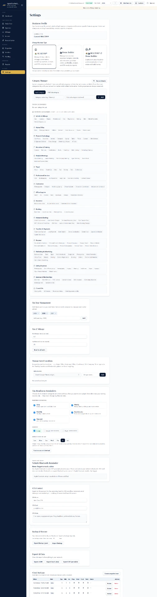 The Settings screen showing business profile, categories and reminder options