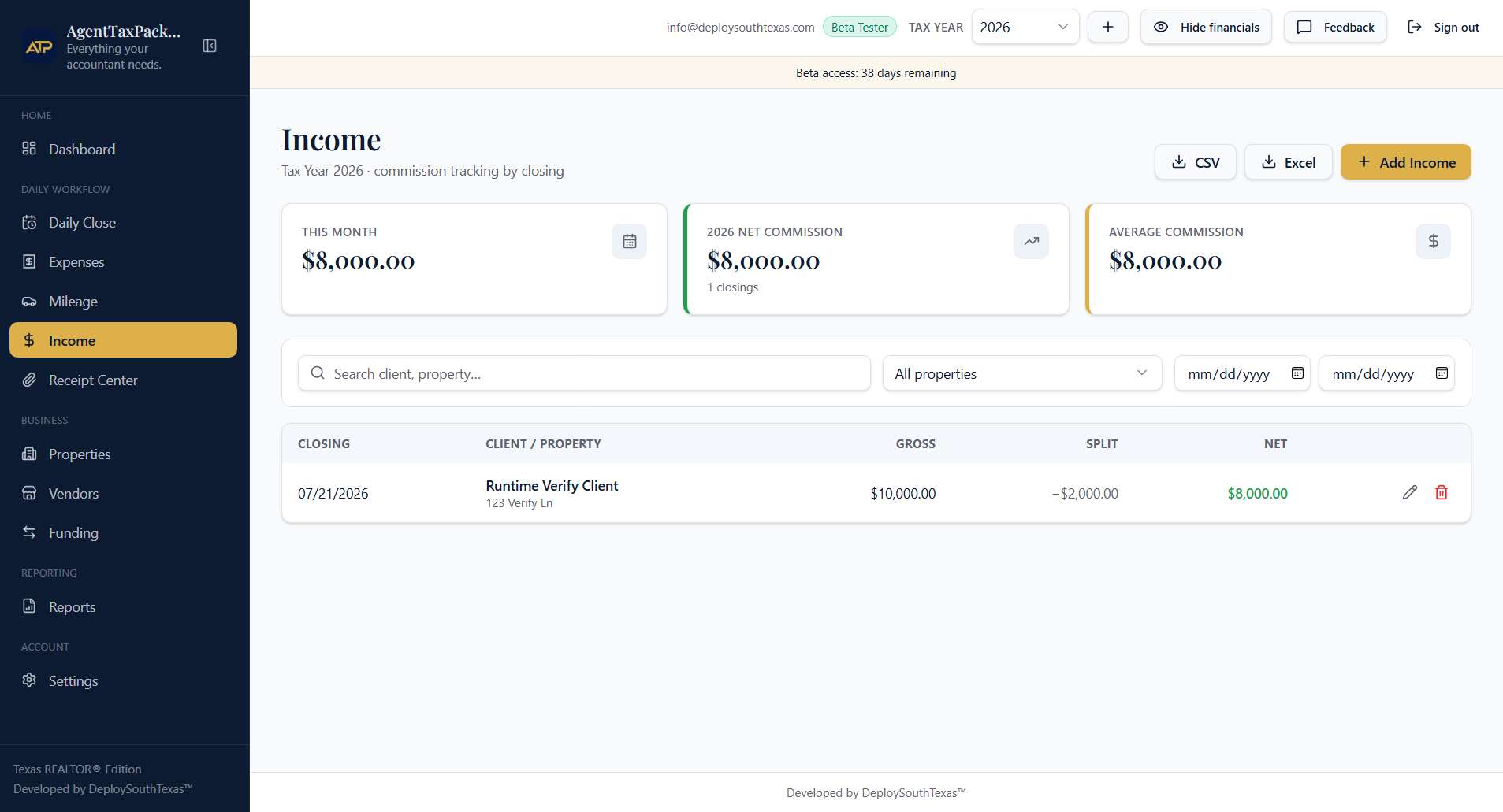 The Income screen showing commission cards and the closings table