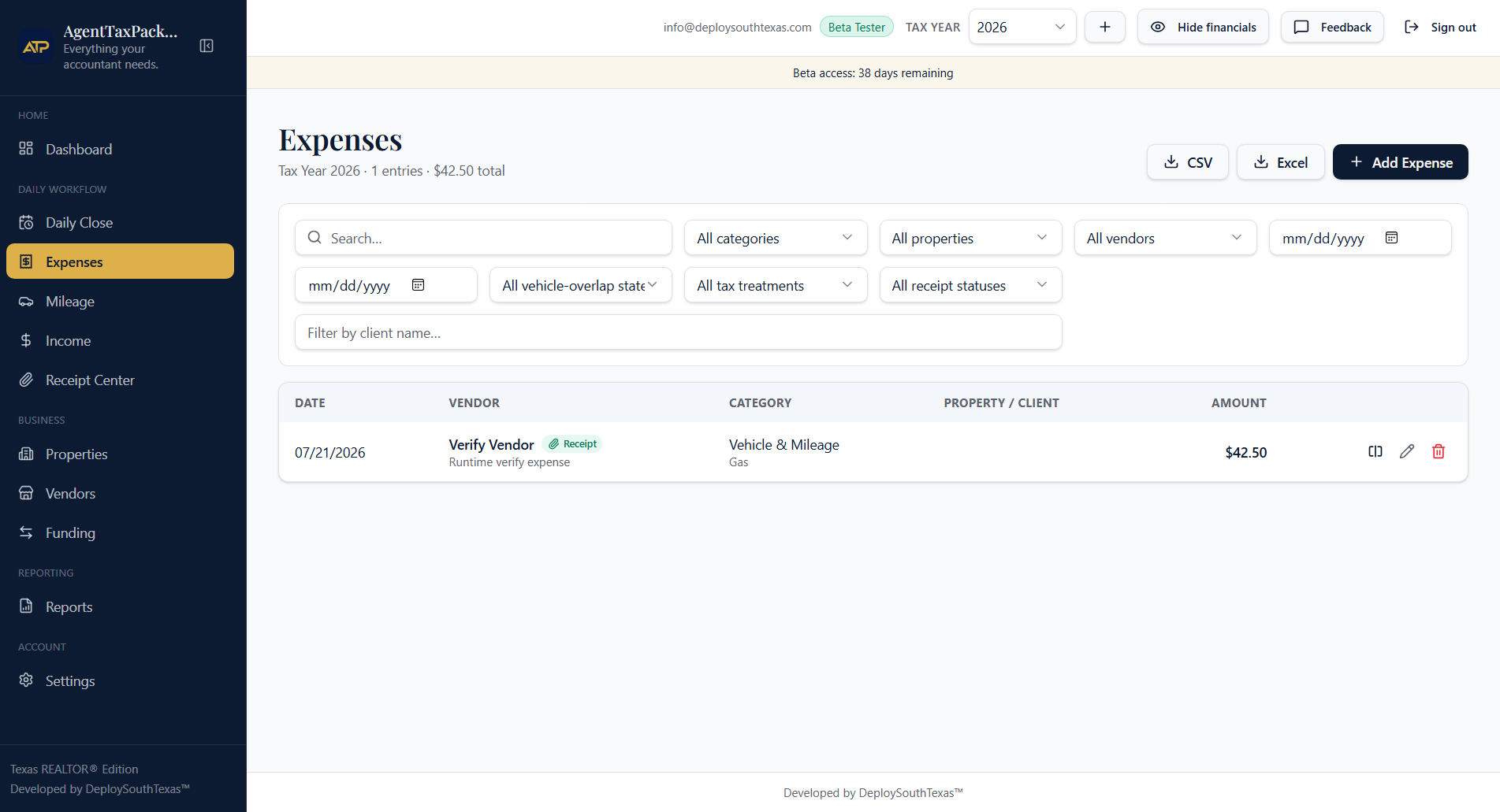 AgentTaxPackage expense record with receipt attached