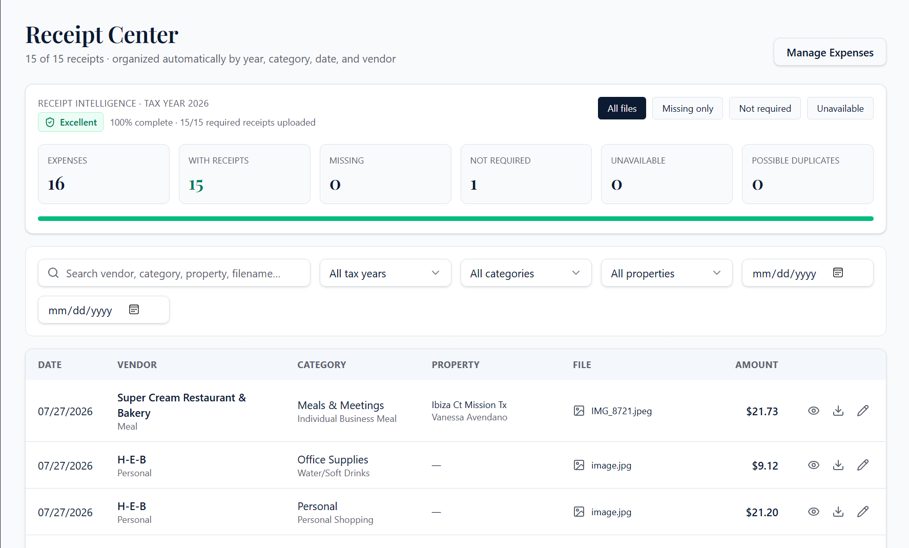 AgentTaxPackage Receipt Center showing documentation status
