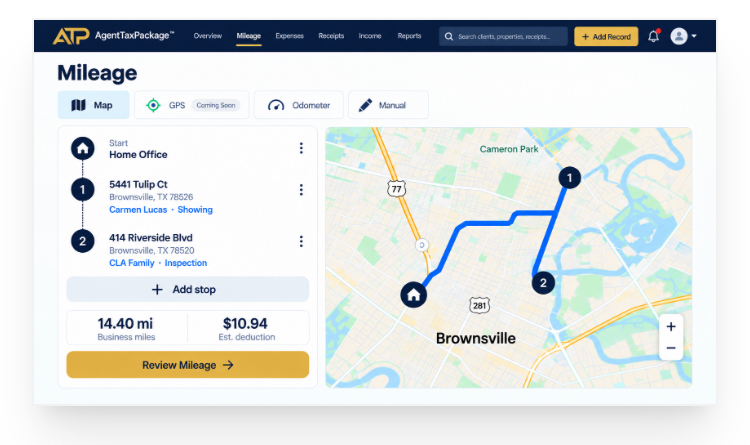 ATP Map mileage experience showing a multi stop business trip connected to clients, properties, and business purposes.