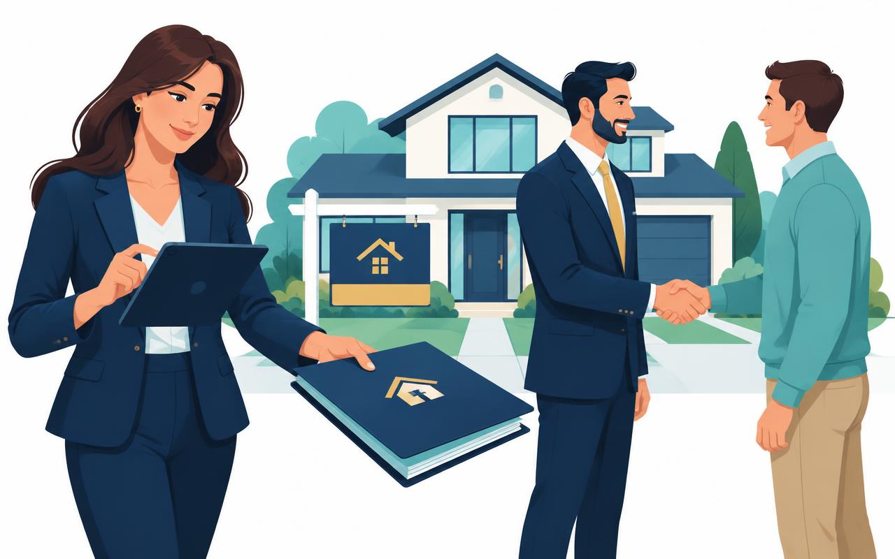 Illustration of an agent completing records and handing over an organized report while a colleague closes a sale