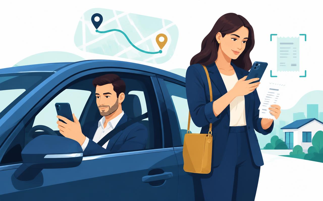 Illustration of an agent starting a business trip on a phone while another scans a receipt