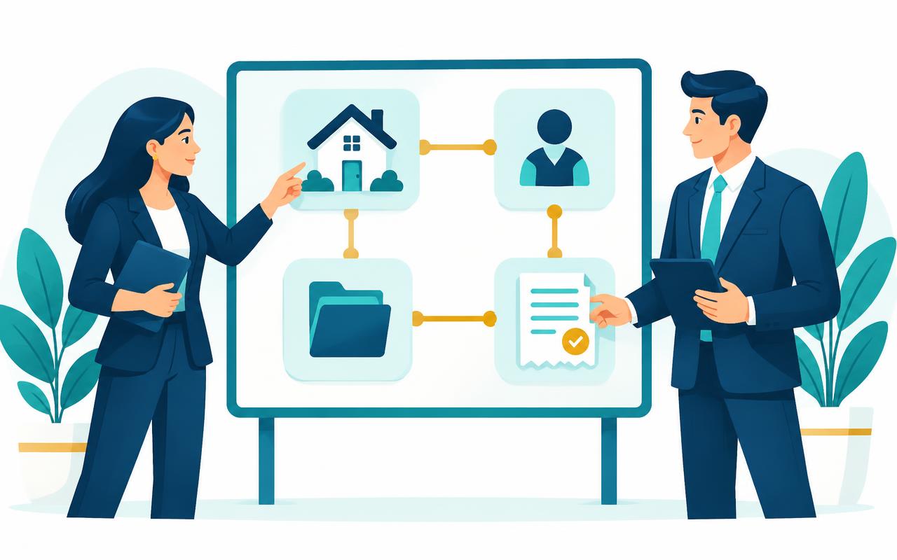 Illustration of two professionals linking property, client, and receipt cards together