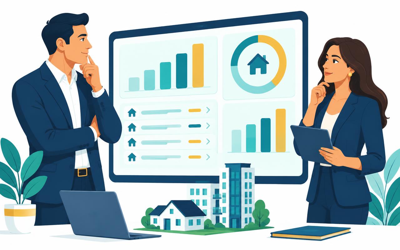 Illustration of two professionals reviewing a business dashboard with charts and progress